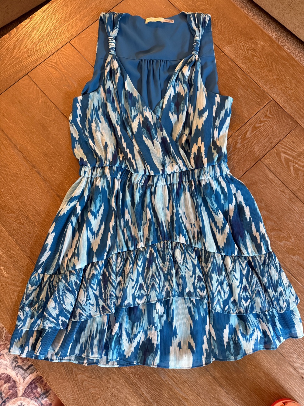 Ramy Brook Blue Ikat Surplice V-Neck Tiered Ruffle Dress XL